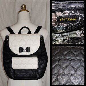 Betsey Johnson | Quilted black white backpack | hearts bow | faux leather